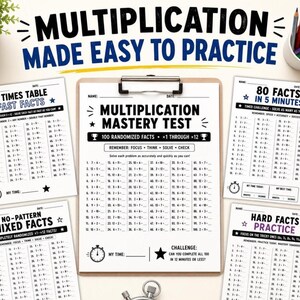 May include: A collection of five white educational worksheets for multiplication practice, featuring titles like Multiplication Mastery Test, 2 Times Table Fast Facts, 80 Facts in 5 Minutes, No-Pattern Mixed Facts, and Hard Facts Practice with black text.