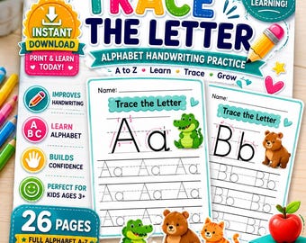 May include: A digital alphabet handwriting practice worksheet set titled Trace The Letter. The pages feature A-Z tracing exercises with illustrations of a green alligator, a brown bear, and an orange cat, plus text including A-Z Fun & Easy Learning.