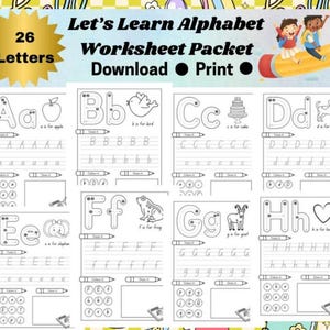 Paquete de hojas de trabajo "Aprendamos el alfabeto": actividades divertidas y atractivas de trazado, coloreado y reconocimiento de letras para niños