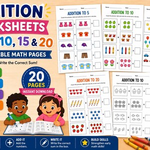 Arbeitsblätter zum Thema Addition für den Kindergarten | Bildmathematik-Aktivitäten (Digitaler Download)