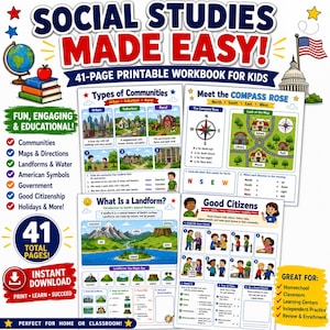 Puede incluir: Un cuaderno de ejercicios imprimible de 41 páginas para niños titulado SOCIAL STUDIES MADE EASY! que incluye fichas educativas sobre comunidades, mapas, relieves y ciudadanía con ilustraciones y actividades a color.