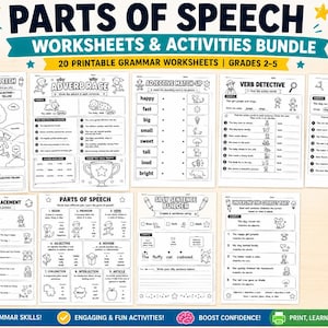 Può includere: Un pacchetto di 20 schede didattiche e attività di grammatica stampabili per le classi dalla seconda alla quinta, intitolato Parts of Speech. Le pagine in bianco e nero presentano esercizi come Color by Parts of Speech, Adverb Race, Adjective Match-Up, Verb Detective, Noun Hunt, Pronoun Replacement e Silly Sentence Builder.