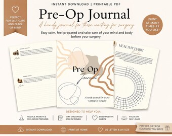 Può includere: Un diario preoperatorio in PDF stampabile con una copertina caratterizzata da linee astratte beige e marroni, una pagina con sezioni a righe per appunti su educazione e ansia, e un tracker delle abitudini con un design a griglia circolare.