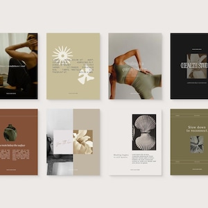 May include: A collection of eight minimalist art prints with a neutral color palette. The prints feature abstract designs, botanical elements, and text. The color scheme includes shades of brown, beige, and olive green, creating a cohesive and calming aesthetic.
