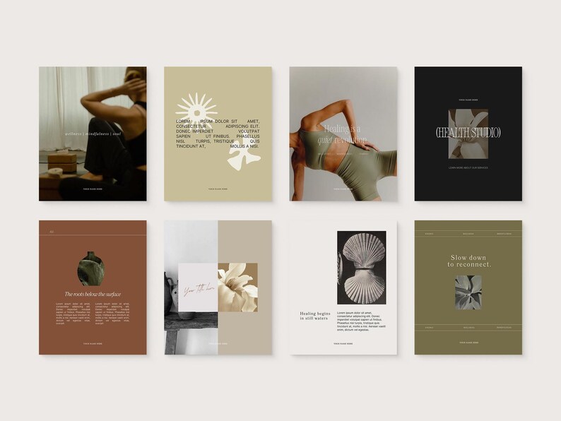 May include: A collection of eight minimalist art prints with a neutral color palette. The prints feature abstract designs, botanical elements, and text. The color scheme includes shades of brown, beige, and olive green, creating a cohesive and calming aesthetic.