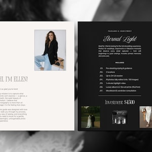 May include: A black and white image of a woman in a black blazer and jeans. The text "HI, I'M ELLEN!" is in the top left corner. The text "Eternal Light" is in a white cursive font on a black background. The text "Investment: $4500" is in white text on a black background. The text "INCLUDES" is in white text on a black background. The text "Pre-shooting styling & guidance" is in white text on a black background. The text "2 locations" is in white text on a black background. The text "Up to 3h full session" is in white text on a black background. The text "All photos fully edited (min. 100 images)" is in white text on a black background. The text "1-minute highlight video" is in white text on a black background. The text "Luxury album & 2 fine art prints (12x18cm)" is in white text on a black background. The text "Moodboard & wardrobe consultation" is in white text on a black background.