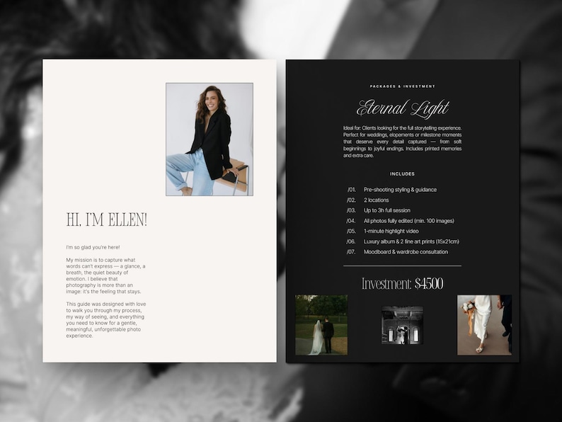 May include: A black and white image of a woman in a black blazer and jeans. The text "HI, I'M ELLEN!" is in the top left corner. The text "Eternal Light" is in a white cursive font on a black background. The text "Investment: $4500" is in white text on a black background. The text "INCLUDES" is in white text on a black background. The text "Pre-shooting styling & guidance" is in white text on a black background. The text "2 locations" is in white text on a black background. The text "Up to 3h full session" is in white text on a black background. The text "All photos fully edited (min. 100 images)" is in white text on a black background. The text "1-minute highlight video" is in white text on a black background. The text "Luxury album & 2 fine art prints (12x18cm)" is in white text on a black background. The text "Moodboard & wardrobe consultation" is in white text on a black background.