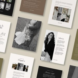 May include: A collection of brochures for a photography business. The brochures are laid out on a light brown surface. The brochures feature black and white photos of couples, a woman, and a pricing guide. The text on the brochures includes "How the Session Works", "Pricing Guide", "And Me", "Couple's", "Shapes", "Eternal Light", and "My Love & Style".
