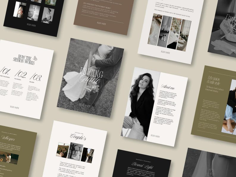 May include: A collection of brochures for a photography business. The brochures are laid out on a light brown surface. The brochures feature black and white photos of couples, a woman, and a pricing guide. The text on the brochures includes "How the Session Works", "Pricing Guide", "And Me", "Couple's", "Shapes", "Eternal Light", and "My Love & Style".
