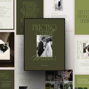 Op de afbeelding: Een digitaal prijsgids-sjabloon voor bruidsfotografie met olijfgroene en crèmekleurige pagina's, elegante schreefletters, zwart-wit trouwfoto's en secties met de titels Pricing Guide, Packages & Pricing en Frequently Asked Questions.