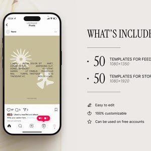 May include: A smartphone displays a social media post with a minimalist design. The screen shows a sunburst and abstract shapes, with text. The right side lists 50 feed and story templates, easy to edit and customizable.