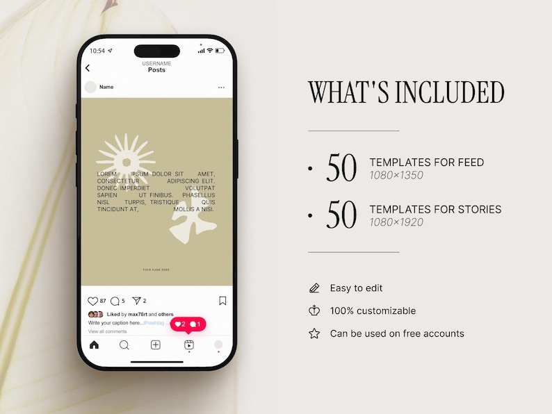 May include: A smartphone displays a social media post with a minimalist design. The screen shows a sunburst and abstract shapes, with text. The right side lists 50 feed and story templates, easy to edit and customizable.