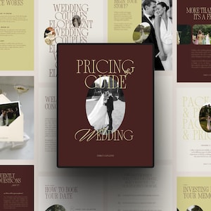 Può includere: Un modello digitale di guida ai prezzi per matrimoni con una copertina marrone scuro con il testo Pricing & Guide Wedding e una foto ovale centrale di una coppia. Il layout include diverse pagine con sfondi verde chiaro e marrone scuro, tipografia serif e varie immagini di fotografia di matrimonio.