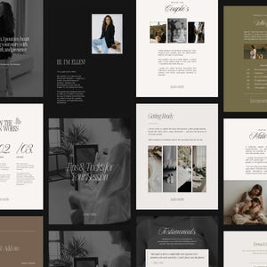 May include: A black and white image collage of a photographer's website. The website includes information about the photographer, their services, and their pricing. The website also includes testimonials from past clients.