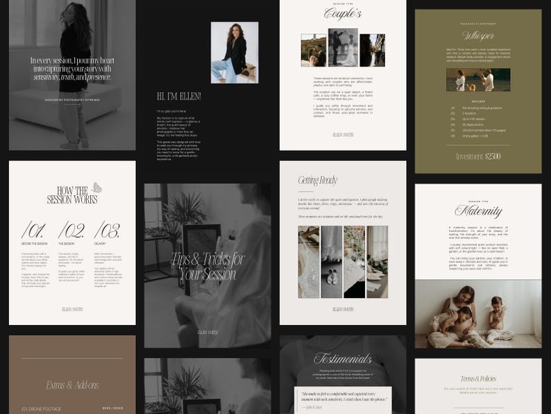 May include: A black and white image collage of a photographer's website. The website includes information about the photographer, their services, and their pricing. The website also includes testimonials from past clients.