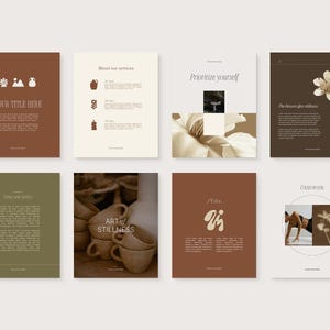 May include: A collection of eight minimalist design layouts with a neutral color palette. The layouts feature text, illustrations, and images. The text includes phrases like "Your Title Here", "About our services", and "Prioritize yourself". The overall theme is modern and artistic.