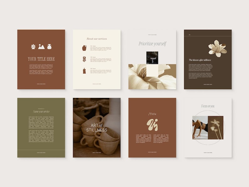 May include: A collection of eight minimalist design layouts with a neutral color palette. The layouts feature text, illustrations, and images. The text includes phrases like "Your Title Here", "About our services", and "Prioritize yourself". The overall theme is modern and artistic.