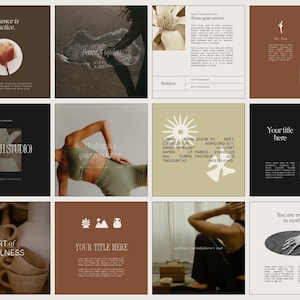 Op de afbeelding: Een verzameling vierkante social media graphics met een minimalistische esthetiek. De afbeeldingen bevatten tekst als "Presence is practice", "Health Studio" en "Art of Stillness". Andere graphics bevatten een bloem, een persoon die yoga doet en abstracte vormen.