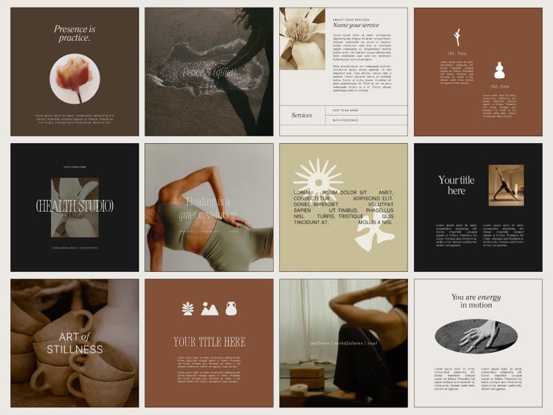 May include: A collection of square social media graphics with a minimalist aesthetic. The images feature text like "Presence is practice," "Health Studio," and "Art of Stillness." Other graphics include a flower, a person doing yoga, and abstract shapes.
