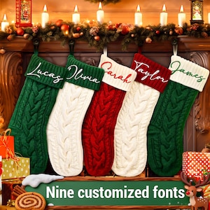 Custom Knit Christmas Stockings with Embroidered Name - Personalized Family Stockings, Holiday Decor, Monogram Stocking Gift