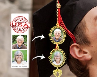 Personalisierte Abschlussfeier Tassel | Custom Abschlussfeier Quaste Foto Charm mit Engelsflügeln | Memorial Grad Cap Charm | Geschenk zum Abschluss