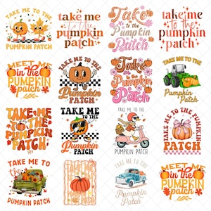 Puede incluir: Una colección de dieciséis diseños con temática otoñal con el texto "Take Me To The Pumpkin Patch" en varias fuentes y estilos. Los diseños presentan calabazas, hojas y otros elementos otoñales.