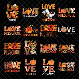 Puede incluir: Una colección de diseños coloridos con temática otoñal con las palabras "LOVE PRESCHOOL" en varios estilos. Calabazas, pavos y hojas de otoño decoran el texto. Los diseños están sobre un fondo negro.
