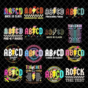 Puede incluir: Una colección de diseños gráficos coloridos con el texto "ABCD" y un rayo, al estilo rock and roll. Las frases incluyen "Back in Class", "Kindergarten Rocks" y "Teacher Tour".