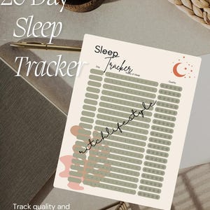 Pode incluir: Um rastreador de sono imprimível de 20 dias com um design de lua crescente e estrelas. O rastreador inclui colunas para o dia, as horas de sono e a qualidade do sono classificada com estrelas.