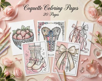 Coquette Coloring Pages | Trendy Bows & Ribbons Coloring Book | Cute Soft Girl Aesthetic Printable PDF | Relaxing Adult Activity | Instant