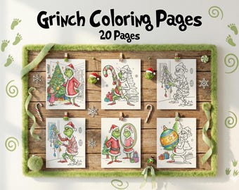 Grinch Coloring Pages, 20 Christmas Coloring Book for Kids & Adults, Funny Green Monster Holiday Activity, Printable Xmas Party Favor PDF