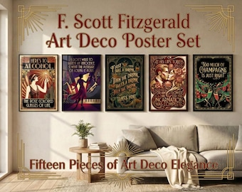 15 Great Gatsby Prints | Art Deco Wall Art | Roaring 20s Party Decor | F Scott Fitzgerald Quotes | Speakeasy Bar Cart | Digital Download