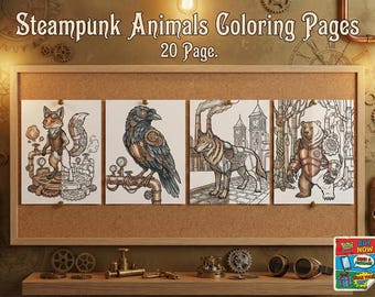 Steampunk Animal Coloring Pages for Adults, 20 Victorian Clockwork Mechanical Sheets, Industrial Gear Art, Stress Relief PDF, Digital