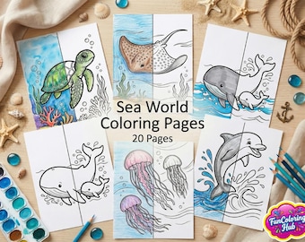 Sea World Coloring Pages for Kids, 20 Ocean Animals Printable, Under the Sea Coloring Sheets, Toddler Activity, Digital Download, PDF Book