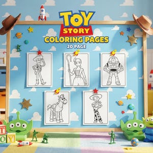 Another view of the Toy Story printable coloring set. Features a collection of coloring pages with iconic characters like Woody and Buzz Lightyear, pinned on a display board.