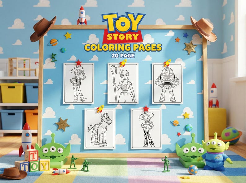 Another view of the Toy Story printable coloring set. Features a collection of coloring pages with iconic characters like Woody and Buzz Lightyear, pinned on a display board.