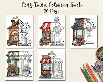 Libro da colorare Cozy Town & Storefronts / Pagine da colorare audaci e facili / Piccole case semplici / Linee spesse PDF stampabili per adulti e bambini