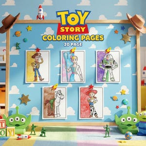 Display of the 20-page Toy Story coloring book digital download. Shows various character coloring sheets including painted and unpainted examples of Woody, Buzz, Bullseye, and Aliens on a pinboard.