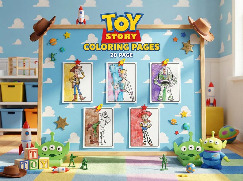Display of the 20-page Toy Story coloring book digital download. Shows various character coloring sheets including painted and unpainted examples of Woody, Buzz, Bullseye, and Aliens on a pinboard.