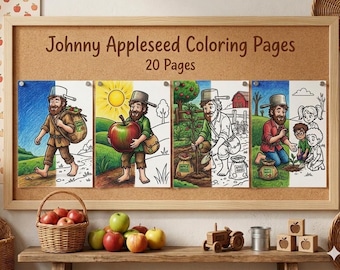 Johnny Appleseed Coloring Pages for Kids, Bold and Easy Apple Orchard Coloring Book, Early American History Crafts, Digital Download PDF