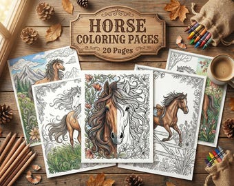 20 Realistic Horse Coloring Pages for Adults | Detailed Equine Line Art Printable | Wild Mustang & Farm Animal Coloring Book PDF Download