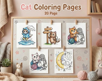20 Cute Cat Coloring Pages for Kids and Adults, Kawaii Kitten Printable Coloring Book, Digital Download, Instant Print, Fun Cat Activities