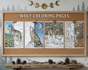 Wolf Coloring Pages for Adults and Kids, 20 Realistic Wolf Coloring Sheets, Forest Animal Grayscale, Instant Download, Wolf Moon Mandala PDF