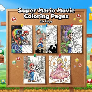 Könnte beinhalten: Eine Pinnwand zeigt fünf Super Mario Movie Malvorlagen, die jeweils eine andere Figur oder Szene zeigen. Die Seiten sind mit farbigen Reißzwecken befestigt. Der Hintergrund enthält Mario-Themen-Grafiken wie Münzen, Fragezeichenblöcke und ein Schloss.