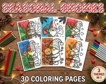 Gnome Coloring Book, Seasonal Bundle, Winter Christmas Valentine (PDF Pattern)