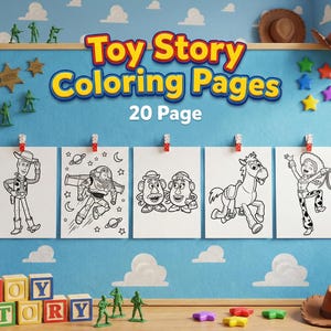 Mockup of 20 Toy Story coloring pages for kids. A board displays coloring sheets featuring Woody, Buzz, Slinky Dog, Aliens, and Jessie, surrounded by toy soldiers and blocks on the floor.