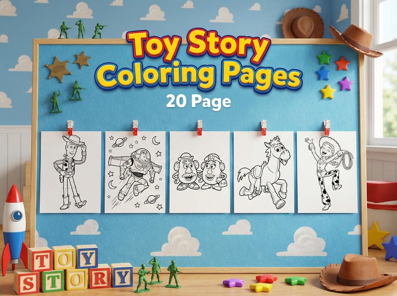 Mockup of 20 Toy Story coloring pages for kids. A board displays coloring sheets featuring Woody, Buzz, Slinky Dog, Aliens, and Jessie, surrounded by toy soldiers and blocks on the floor.
