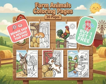 Farm Animal Coloring Pages for Kids, 20 Printable Barnyard Animal Activity Sheets, Toddler Coloring Book, Digital Download PDF
