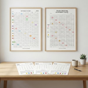 May include: Two framed posters with calendars, one labeled "Don't Break the Chain 2026" and the other "365-Day Milestone Achievement Poster." Below, three calendar pages for January, February, and April 2020 are on a wooden table, along with a mug, pen, and plant.