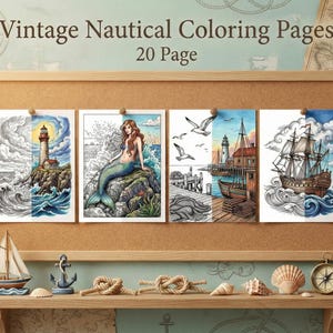 Vintage Nautical Coloring Pages for Adults, 20 Page Maritime Ocean Scenery, Antique Sea Creature Art, Lighthouse Ship PDF, Digital Download